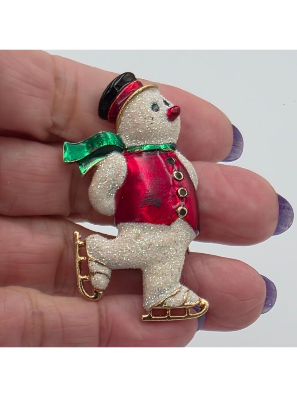 Ice Skating Snowman Brooch Pin Glittery Finish & Festive Colors 2"